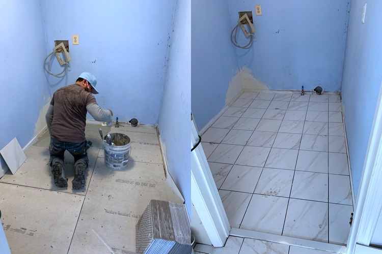 Professional installing tiles